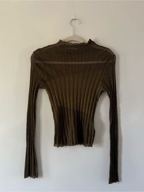 ASTR The Label Sheer Olive Ribbed Knit Long Sleeve Top | Lettuce Hem | Size S